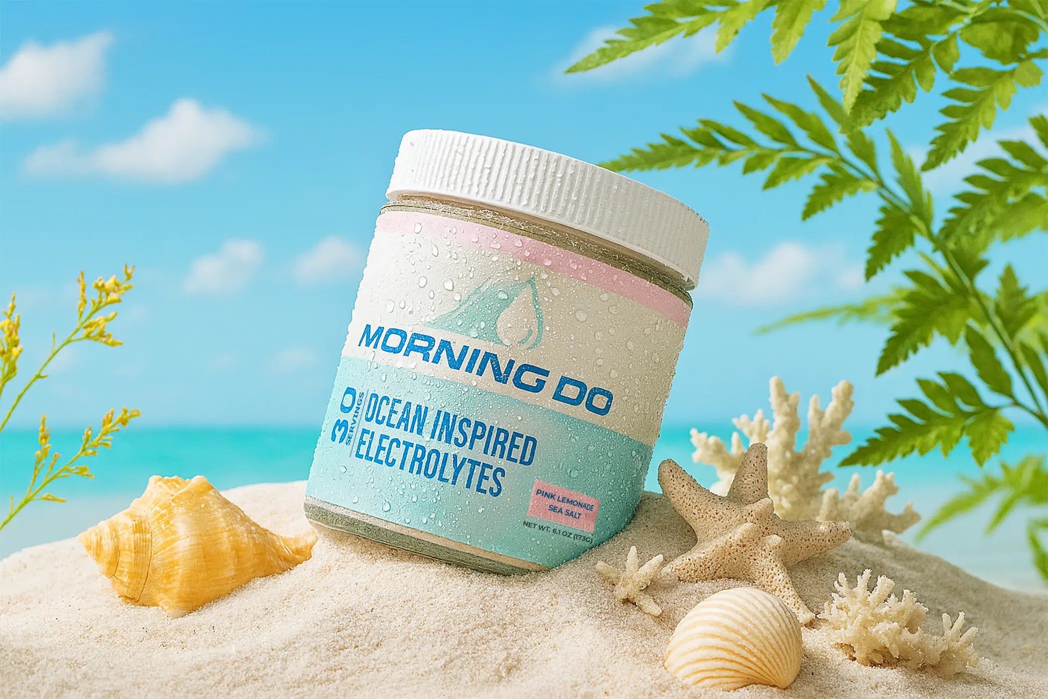 Morning Do Ocean Inspired Electrolytes on tropical beach with shells and coral